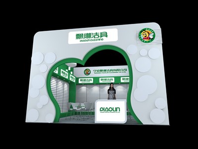 36平米展臺(tái)設(shè)計(jì)制作：一面開(kāi)口/現(xiàn)代/木質(zhì)結(jié)構(gòu)/綠色，為日用品展展商而作（免費(fèi)使用）
