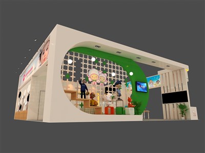 144平米展臺設(shè)計(jì)制作：四面開口/現(xiàn)代/木質(zhì)結(jié)構(gòu)/米色，為嬰幼展展商而作（免費(fèi)使用）