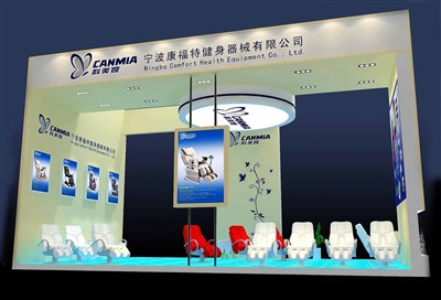 60平米展臺設計制作：三面開口/現(xiàn)代/木質結構/白色，為體博會展商而作（免費使用）