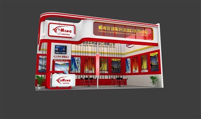 54平米展臺(tái)設(shè)計(jì)制作：二面開口/現(xiàn)代/木質(zhì)結(jié)構(gòu)/紅色，為釣具展展商而作（免費(fèi)使用）