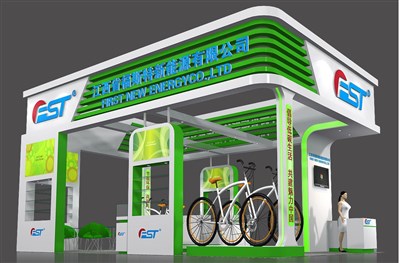 54平米展臺設(shè)計(jì)制作：三面開口/中式/木質(zhì)結(jié)構(gòu)/綠色，為單/摩托車展商而作（免費(fèi)使用）