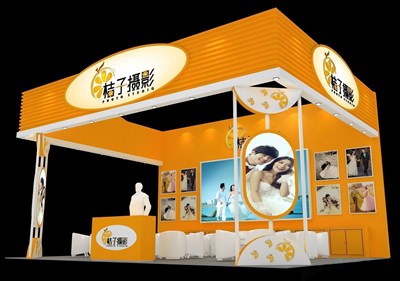 48平米展臺設(shè)計制作：三面開口/現(xiàn)代/木質(zhì)結(jié)構(gòu)/橙色，為婚博會展商而作（免費使用）