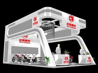 54平米展臺設(shè)計制作：三面開口/現(xiàn)代/木質(zhì)結(jié)構(gòu)/白色，為單/摩托車展商而作（免費使用）