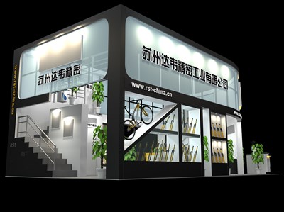 72平米展臺(tái)設(shè)計(jì)制作：一面開口/中式/雙層結(jié)構(gòu)/藍(lán)色，為單/摩托車展商而作（免費(fèi)使用）