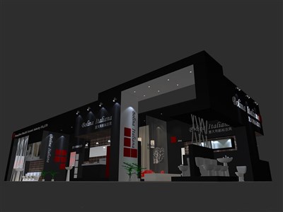 184平米展臺(tái)設(shè)計(jì)制作：二面開口/現(xiàn)代/木質(zhì)結(jié)構(gòu)/黑色，為衛(wèi)浴展展商而作（免費(fèi)使用）
