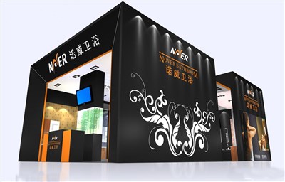 81.6平米展臺(tái)設(shè)計(jì)制作：三面開口/現(xiàn)代/木質(zhì)結(jié)構(gòu)/黑色，為衛(wèi)浴展展商而作（免費(fèi)使用）