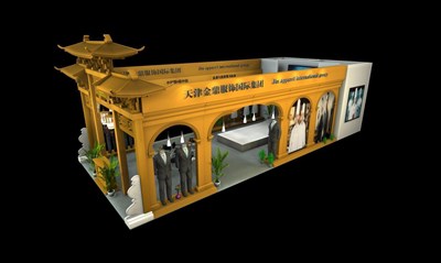 84平米展臺設(shè)計制作：三面開口/中式/木質(zhì)結(jié)構(gòu)/黃色，為服裝展展商而作（免費使用）