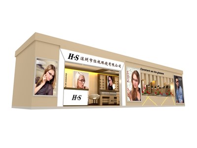 36平米展臺設(shè)計(jì)制作：一面開口/歐式/木質(zhì)結(jié)構(gòu)/米色，為眼鏡展展商而作（免費(fèi)使用）