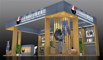 54平米展臺(tái)設(shè)計(jì)制作：三面開口/現(xiàn)代/木質(zhì)結(jié)構(gòu)/藍(lán)色，為服裝展展商而作（免費(fèi)使用）