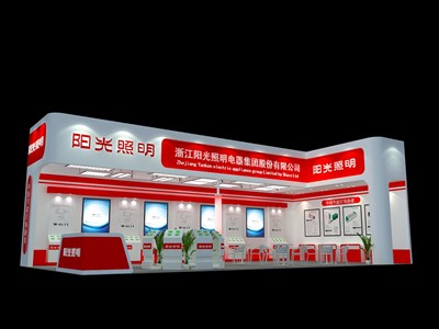 72平米展臺設(shè)計制作：二面開口/現(xiàn)代/木質(zhì)結(jié)構(gòu)/紅色，為照明展展商而作（免費使用）