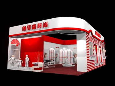 77平米展臺(tái)設(shè)計(jì)制作：一面開口/現(xiàn)代/木質(zhì)結(jié)構(gòu)/紅色，為服裝展展商而作（免費(fèi)使用）