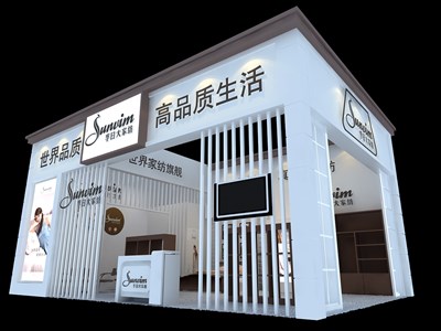 54平米展臺設(shè)計制作：二面開口/流線/木質(zhì)結(jié)構(gòu)/咖啡色，為紡織展展商而作（免費使用）