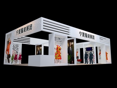 135平米展臺(tái)設(shè)計(jì)制作：四面開口/現(xiàn)代/木質(zhì)結(jié)構(gòu)/白色，為服裝展展商而作（免費(fèi)使用）