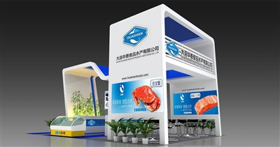 54平米展臺設(shè)計制作：四面開口/現(xiàn)代/木質(zhì)結(jié)構(gòu)/藍(lán)色，為食品展展商而作（免費(fèi)使用）