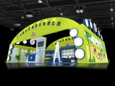 96平米展臺設(shè)計制作：一面開口/現(xiàn)代/木質(zhì)結(jié)構(gòu)/黃色，為玩具展展商而作（免費(fèi)使用）