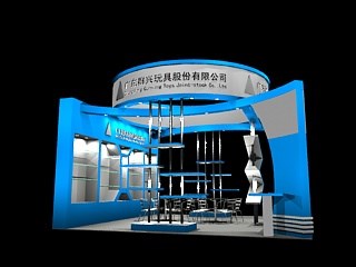 36平米展臺(tái)設(shè)計(jì)制作：二面開口/現(xiàn)代/木質(zhì)結(jié)構(gòu)/藍(lán)色，為玩具展展商而作（免費(fèi)使用）