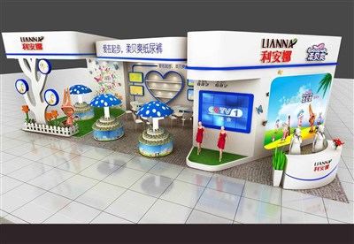 78平米展臺(tái)設(shè)計(jì)制作：二面開口/現(xiàn)代/木質(zhì)結(jié)構(gòu)/白色，為嬰幼展展商而作（免費(fèi)使用）