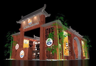 54平米展臺(tái)設(shè)計(jì)制作：三面開口/中式/木質(zhì)結(jié)構(gòu)/咖啡色，為玩具展展商而作（免費(fèi)使用）