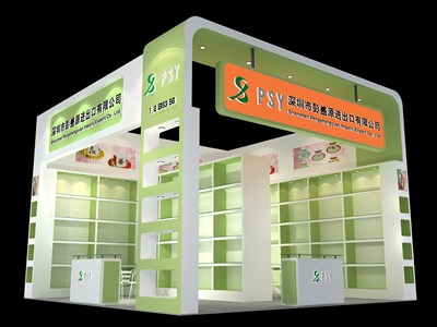 36平米展臺(tái)設(shè)計(jì)制作：二面開(kāi)口/現(xiàn)代/木質(zhì)結(jié)構(gòu)/綠色，為玩具展展商而作（免費(fèi)使用）