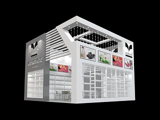 36平米展臺設計制作：一面開口/現代/木質結構/白色，為鞋箱包展展商而作（免費使用）