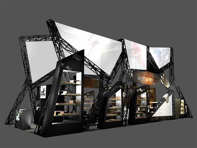 90平米展臺設(shè)計制作：二面開口/現(xiàn)代/桁架結(jié)構(gòu)/黑色，為玩具展展商而作（免費使用）
