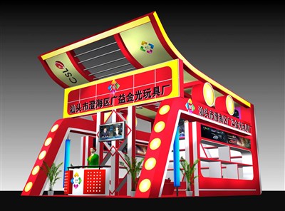 54平米展臺設(shè)計制作：一面開口/現(xiàn)代/木質(zhì)結(jié)構(gòu)/紅色，為玩具展展商而作（免費使用）