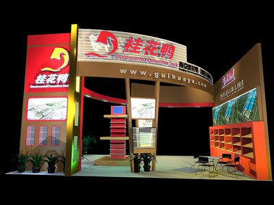 48平米展臺(tái)設(shè)計(jì)制作：二面開(kāi)口/現(xiàn)代/木質(zhì)結(jié)構(gòu)/彩色，為食品展展商而作（免費(fèi)使用）