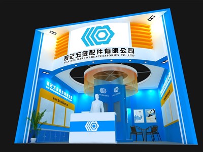 36平米展臺設(shè)計(jì)制作：一面開口/現(xiàn)代/木質(zhì)結(jié)構(gòu)/藍(lán)色，為五金展展商而作（免費(fèi)使用）
