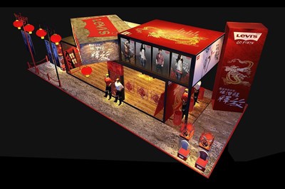 90平米展臺(tái)設(shè)計(jì)制作：二面開口/中式/木質(zhì)結(jié)構(gòu)/紅色，為服裝展展商而作（免費(fèi)使用）