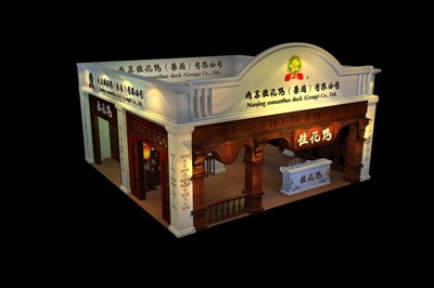 64平米展臺(tái)設(shè)計(jì)制作：二面開(kāi)口/現(xiàn)代/木質(zhì)結(jié)構(gòu)/白色，為食品展展商而作（免費(fèi)使用）