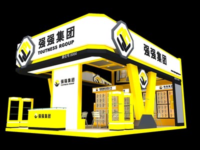 54平米展臺設(shè)計(jì)制作：三面開口/現(xiàn)代/木質(zhì)結(jié)構(gòu)/黃色，為五金展展商而作（免費(fèi)使用）