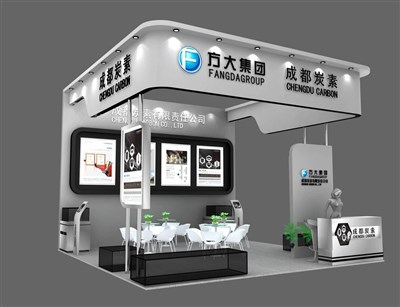 36平米展臺(tái)設(shè)計(jì)制作：三面開口/現(xiàn)代/木質(zhì)結(jié)構(gòu)/灰色，為化工展展商而作（免費(fèi)使用）