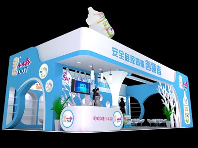72平米展臺(tái)設(shè)計(jì)制作：三面開口/現(xiàn)代/木質(zhì)結(jié)構(gòu)/藍(lán)色，為嬰幼展展商而作（免費(fèi)使用）