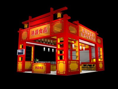 48平米展臺設(shè)計制作：三面開口/中式/木質(zhì)結(jié)構(gòu)/紅色，為食品展展商而作（免費(fèi)使用）