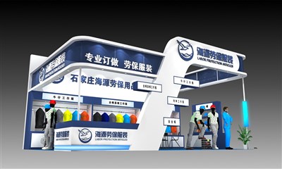 54平米展臺(tái)設(shè)計(jì)制作：三面開口/現(xiàn)代/木質(zhì)結(jié)構(gòu)/藍(lán)色，為服裝展展商而作（免費(fèi)使用）
