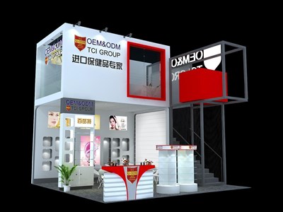 36平米展臺(tái)設(shè)計(jì)制作：三面開口/前衛(wèi)/雙層結(jié)構(gòu)/白色，為食品展展商而作（免費(fèi)使用）