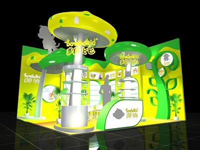 36平米展臺設(shè)計(jì)制作：二面開口/卡通/木質(zhì)結(jié)構(gòu)/黃色，為嬰幼展展商而作（免費(fèi)使用）