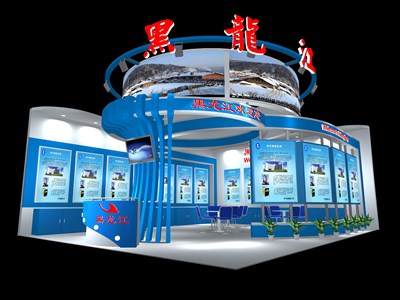 63平米展臺(tái)設(shè)計(jì)制作：二面開口/前衛(wèi)/木質(zhì)結(jié)構(gòu)/藍(lán)色，為成就招商展展商而作（免費(fèi)使用）