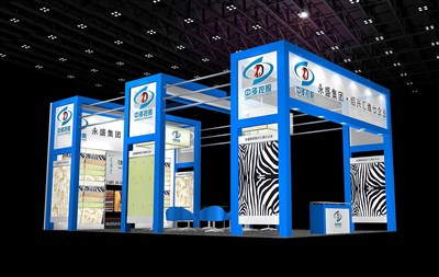 60平米展臺設(shè)計(jì)制作：三面開口/現(xiàn)代/木質(zhì)結(jié)構(gòu)/藍(lán)色，為紡織展展商而作（免費(fèi)使用）