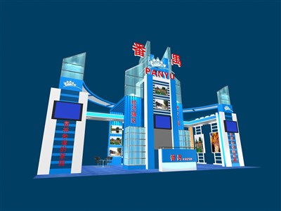 72平米展臺設(shè)計制作：四面開口/現(xiàn)代/型材結(jié)構(gòu)/藍(lán)色，為成就招商展展商而作（免費使用）