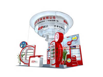 36平米展臺(tái)設(shè)計(jì)制作：三面開口/現(xiàn)代/木質(zhì)結(jié)構(gòu)/紅色，為文具圖書展展商而作（免費(fèi)使用）