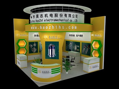 36平米展臺設計制作：二面開口/現(xiàn)代/木質(zhì)結構/黃色，為汽配展展商而作（免費使用）