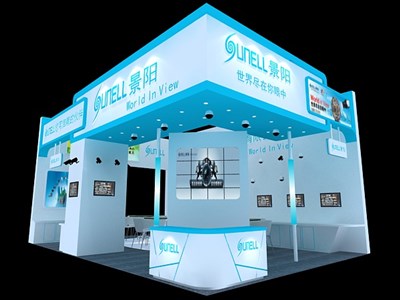72平米展臺(tái)設(shè)計(jì)制作：三面開口/現(xiàn)代/木質(zhì)結(jié)構(gòu)/藍(lán)色，為安防展展商而作（免費(fèi)使用）
