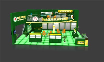 108平米展臺(tái)設(shè)計(jì)制作：三面開(kāi)口/現(xiàn)代/木質(zhì)結(jié)構(gòu)/綠色，為釣具展展商而作（免費(fèi)使用）