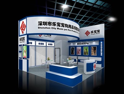 36平米展臺(tái)設(shè)計(jì)制作：二面開口/現(xiàn)代/木質(zhì)結(jié)構(gòu)/藍(lán)色，為寵物水族展展商而作（免費(fèi)使用）
