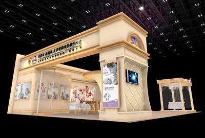 108平米展臺設計制作：三面開口/歐式/木質(zhì)結(jié)構(gòu)/米色，為美博會展商而作（免費使用）