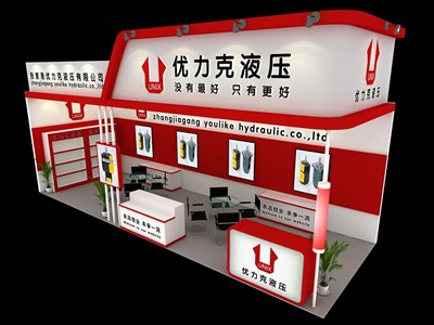 27平米展臺設(shè)計制作：二面開口/現(xiàn)代/木質(zhì)結(jié)構(gòu)/紅色，為汽配展展商而作（免費使用）