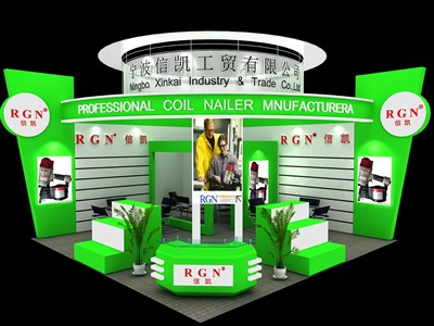 36平米展臺設計制作：二面開口/現(xiàn)代/木質(zhì)結構/綠色，為汽配展展商而作（免費使用）
