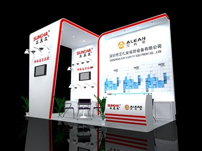 18平米展臺(tái)設(shè)計(jì)制作：三面開口/現(xiàn)代/木質(zhì)結(jié)構(gòu)/白色，為安防展展商而作（免費(fèi)使用）