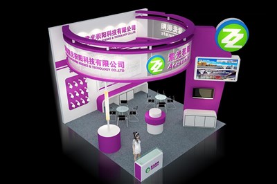 36平米展臺設(shè)計制作：三面開口/現(xiàn)代/木質(zhì)結(jié)構(gòu)/紫色，為安防展展商而作（免費使用）